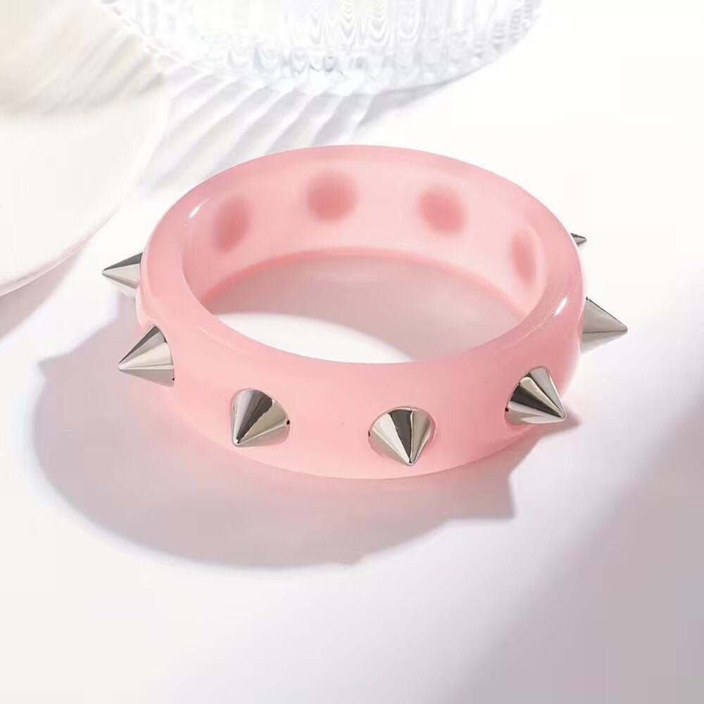 Pink Studded Resin Bangle Bracelet – Silver Cone Spike Punk Statement Cuff